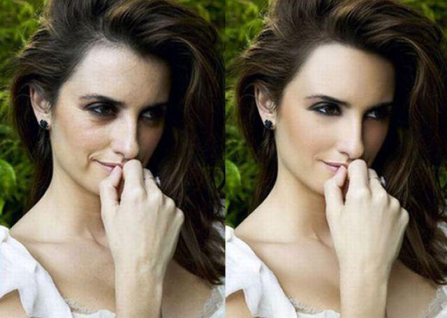 Penelope Cruz (40 at the time of this article) in person on the left and after Photoshop improvements on the right.