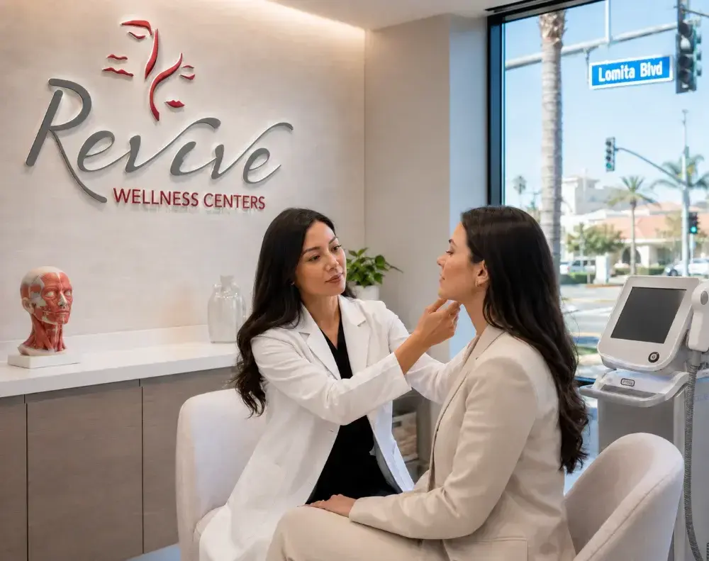 Provider at Revive Wellness Centers, a medical spa in Torrance, CA, mapping a patient’s facial proportions during a consultation, with aesthetic equipment and a Lomita Blvd view
